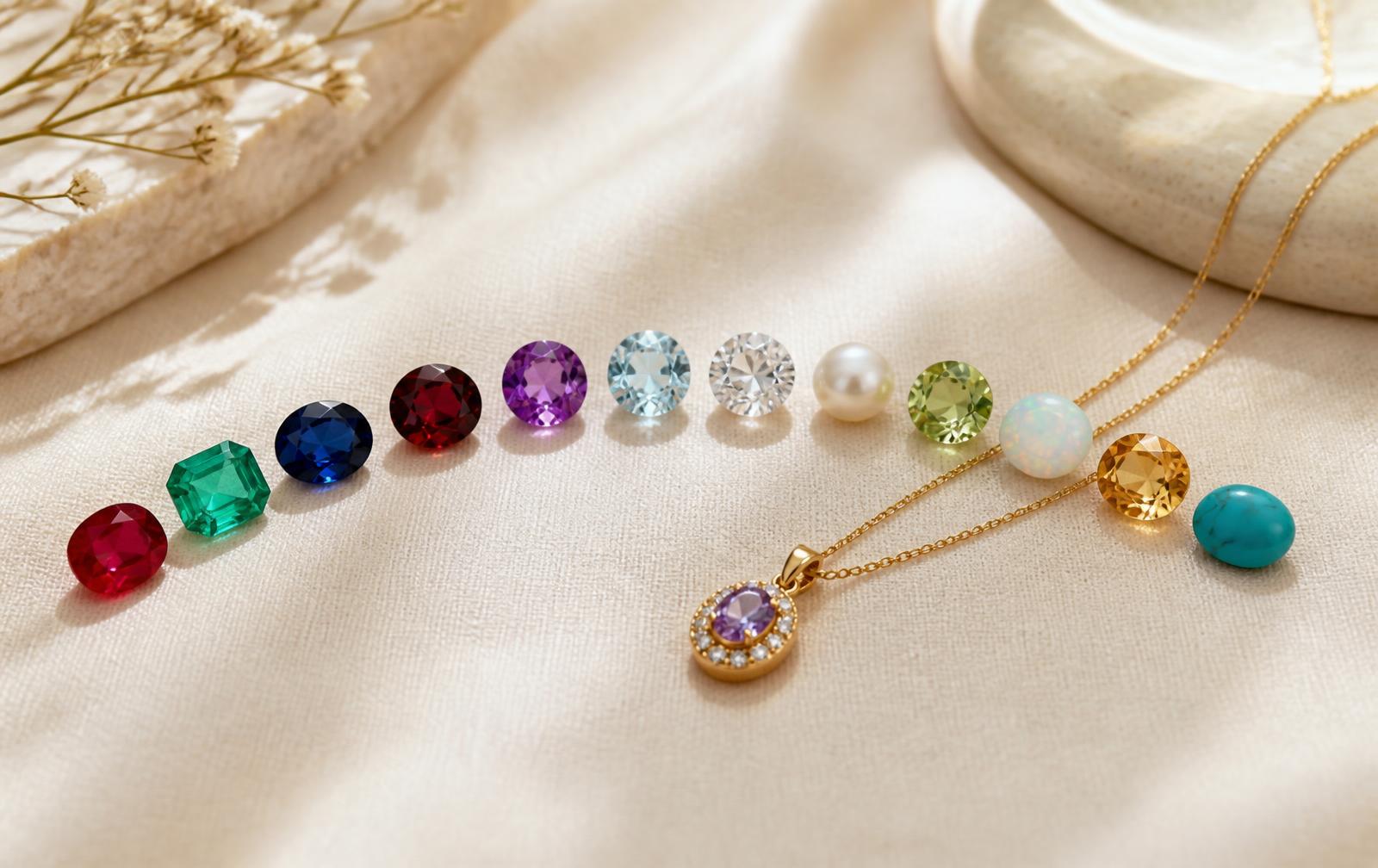 The twelve birthstones — ruby, emerald, sapphire, garnet, amethyst, aquamarine, diamond, pearl, peridot, opal, citrine and turquoise — beside a gold birthstone pendant necklace